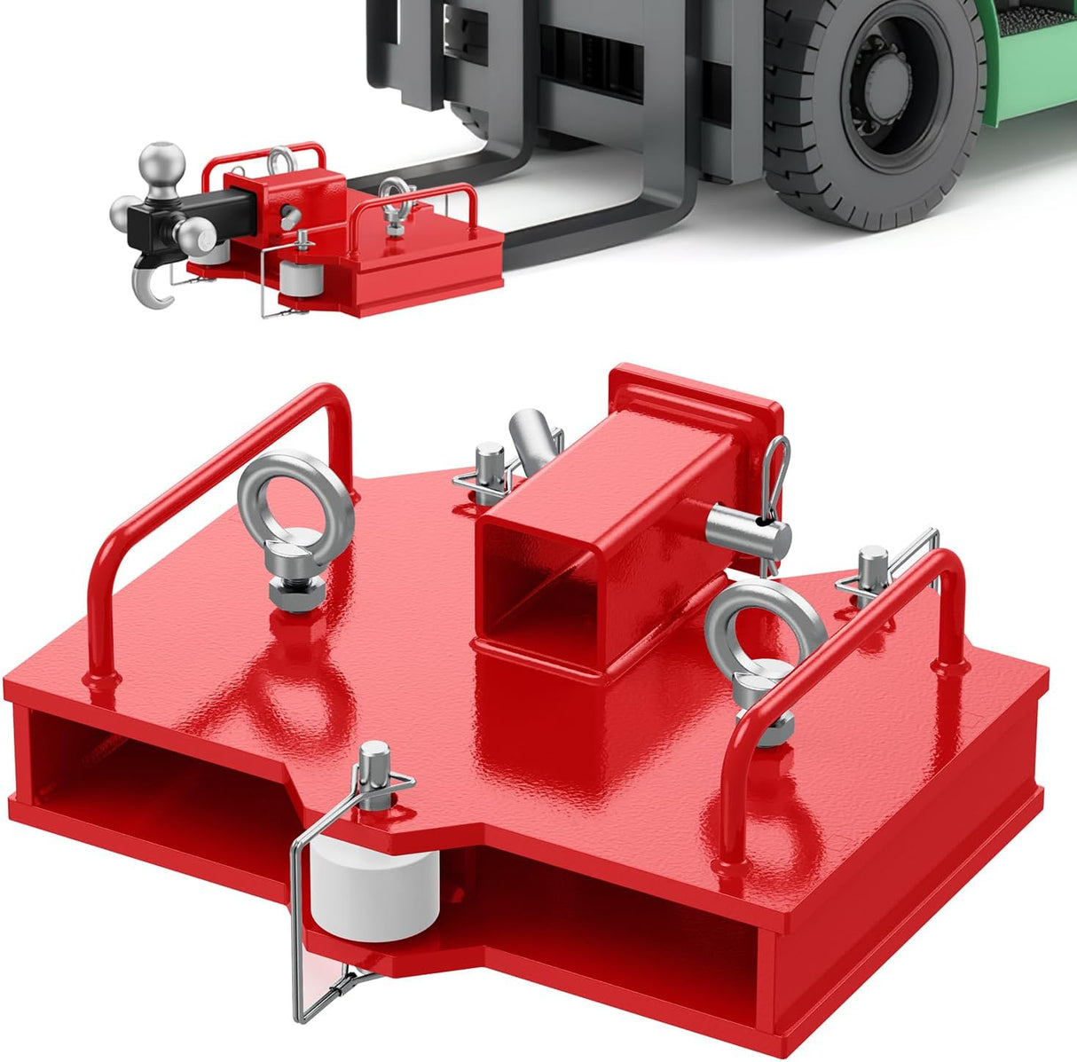 Forklift Trailer Hitch Attachment Fits 2 Inch Receiver 6500 LBS Capacity Clamp on Dual Pallet Forks Forklift Tow Hitch Attachment Universal Forklift Ball Hitch Mount Trailer Towing Adapter