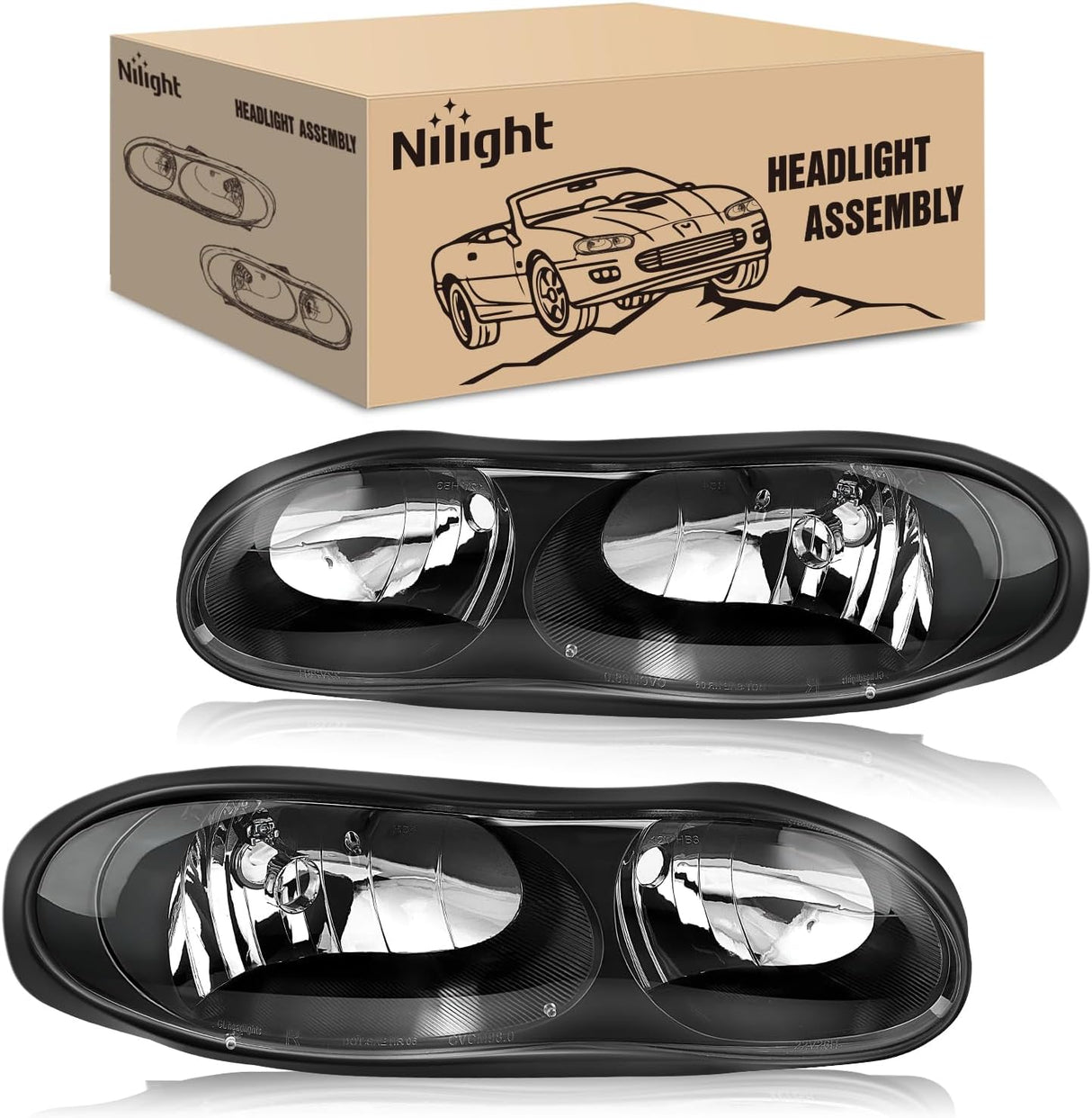 Headlight Assembly Compatible with 1998-2002 Chevy Camaro | 1998 1999 2000 2001 2002 Chevy Chevrolet Camaro OE Style Halogen Replacement Headlamps Black Housing