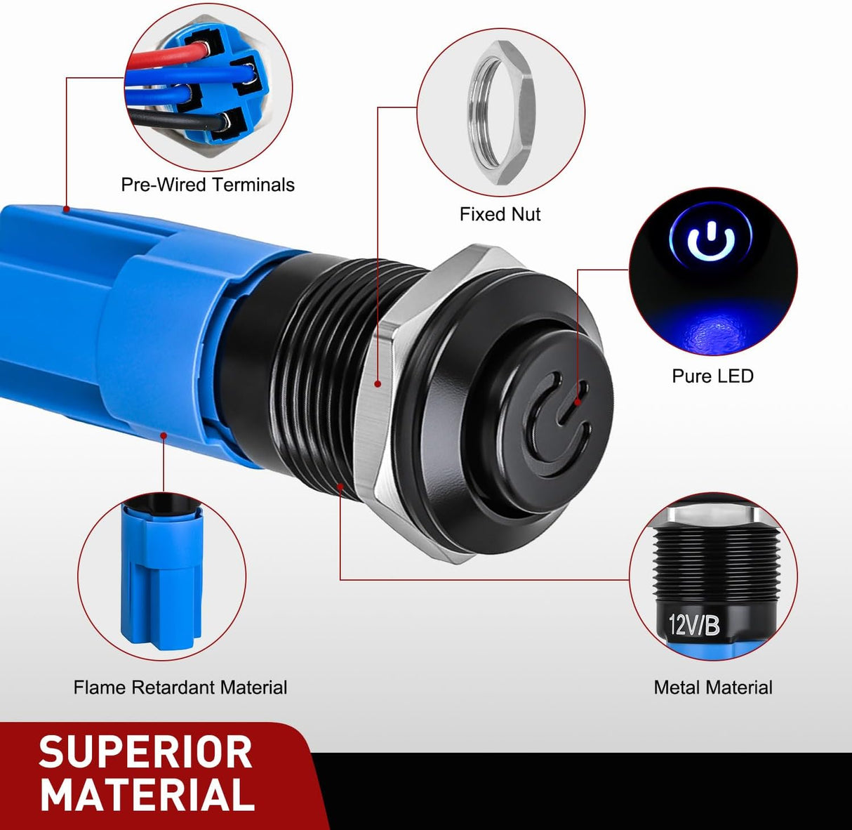 12mm Latching Push Button Switch 6pcs LED Blue Waterproof Small Round Power Button Switches with Pre-Wiring Socket for Car Truck Boat Marine RV Vehicle
