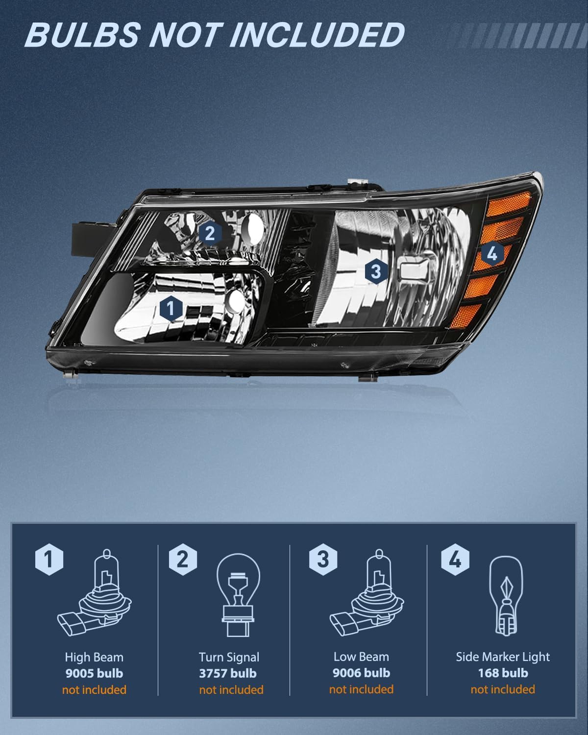 Headlight Assembly Compatible with 2009 2010 2011 2012 2013 2014 2015 2016 2017 2018 2019 2020 Dodge Journey Black Housing Amber Reflector Headlamp Passenger and Driver Side