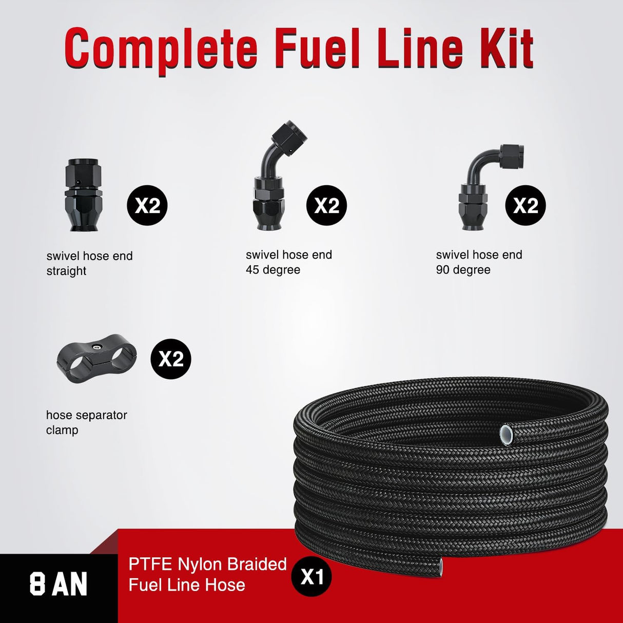 8AN 10FT PTFE Fuel Hose Kit with 8PCS AN8 Fittings&Hose Separators | Fit E85 Nylon Stainless Steel Braided Fuel Hose Universal for Automotive Racing Engines