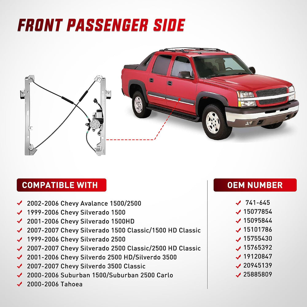 2001-2006 Chevrolet Avalanche Silverado Suburban GMC Sierra Yukon XL 1500 2500 3500 Front Passenger Side Power Window Regulator Nilight