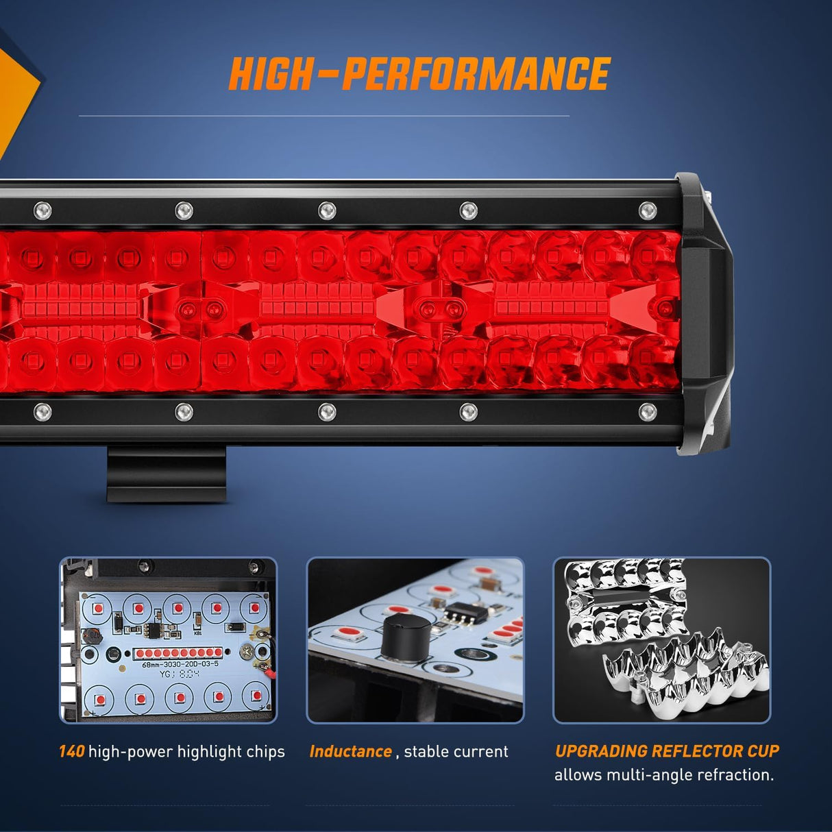 20 Inch LED Light Bar Red Triple Row 420W Spot Flood Combo 42000LM Driving Boat Off Road Fishing Hunting Emergency Safety Lighting for UTV Pick-up Van Tractor