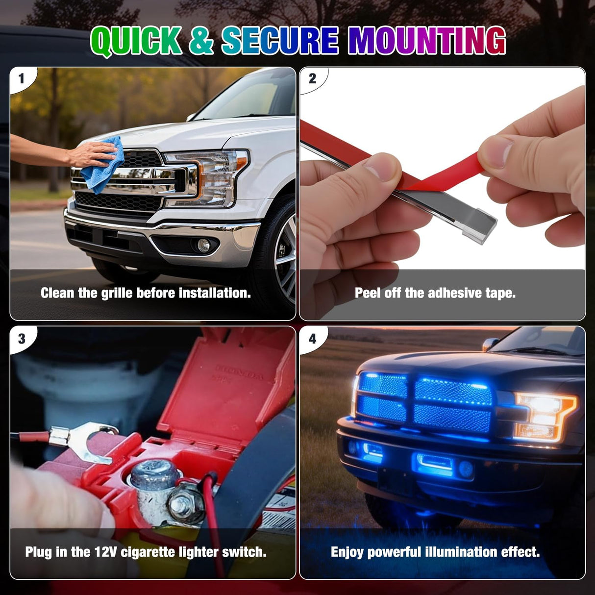 4PCS 12 Inch RGB LED Grille Light Strips with Wireless Remote Control | 72 LEDs Multi Color Exterior Lighting Kit DIY Sound Active Function Music Mode for Cars Van SUV Truck