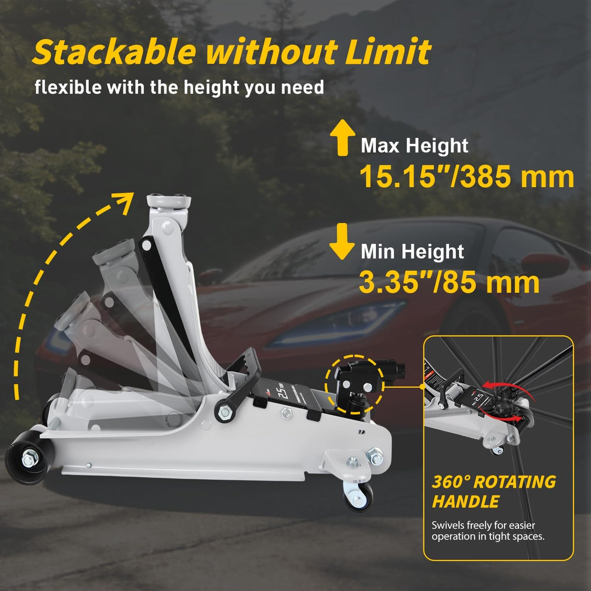 2.5 Ton Floor Jack, Low Profile Hydraulic Trolley Car Jack with 360° Swivel Lifting Arm, Heavy Duty Steel Service Jack, Lifting Range 3.35 Inch to 15.15 Inch