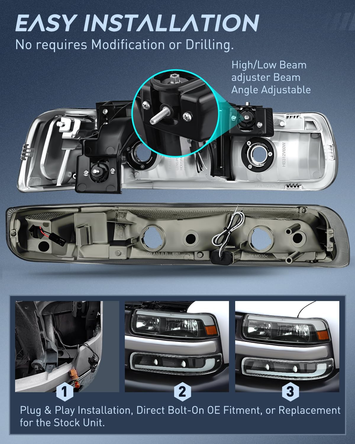 LED DRL Headlight Assembly for 1999 2000 2001 2002 Chevy Silverado 1500 1500HD 2500 2500HD 3500 Chevrolet Tahoe Suburban Replacement Headlamp Smoked Lens Black Housing Amber Bumper Lights Set