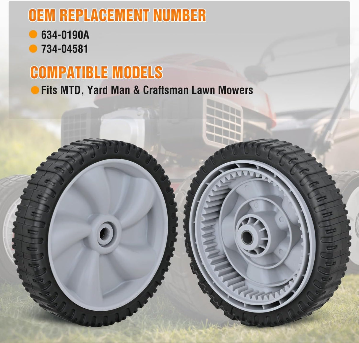 Lawn Mower Drive Wheels Replacement 8 Inch 734-04581 634-0190A Assembly, Lawnmower Front Wheels Compatible with Craftsman, Yard Machines, Husky, MTD RM210 RM220, Troy-Bilt and More, 2-Pack