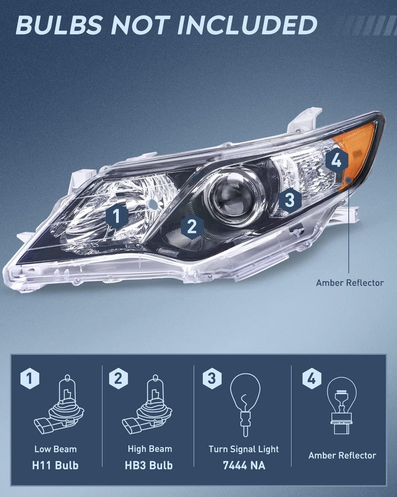 Headlight Assembly For 2012 2013 2014 Toyota Camry L/LE/XLE/Hybrid LE XLE  Headlamps Replacement Black Housing Amber Reflector