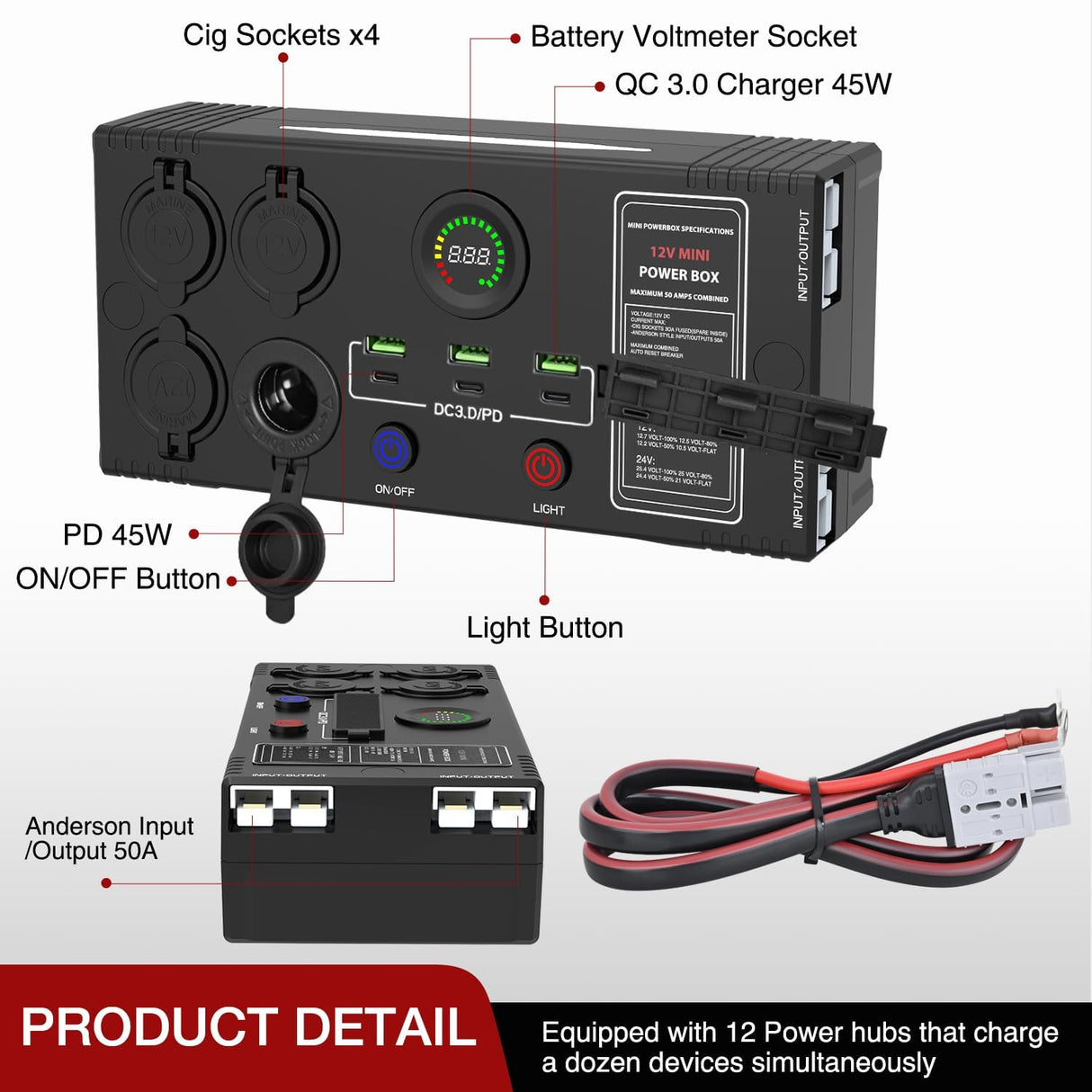 Mini Power Box 12V 24V DC Compact Design Distribution Box Plug & Play Multi Ports -2 Anderson, 3 USB, 3 USB-C, 4 Cig Sockets Perfect for Outdoors Camping Fishing RV 4Wd Caravans Emergency