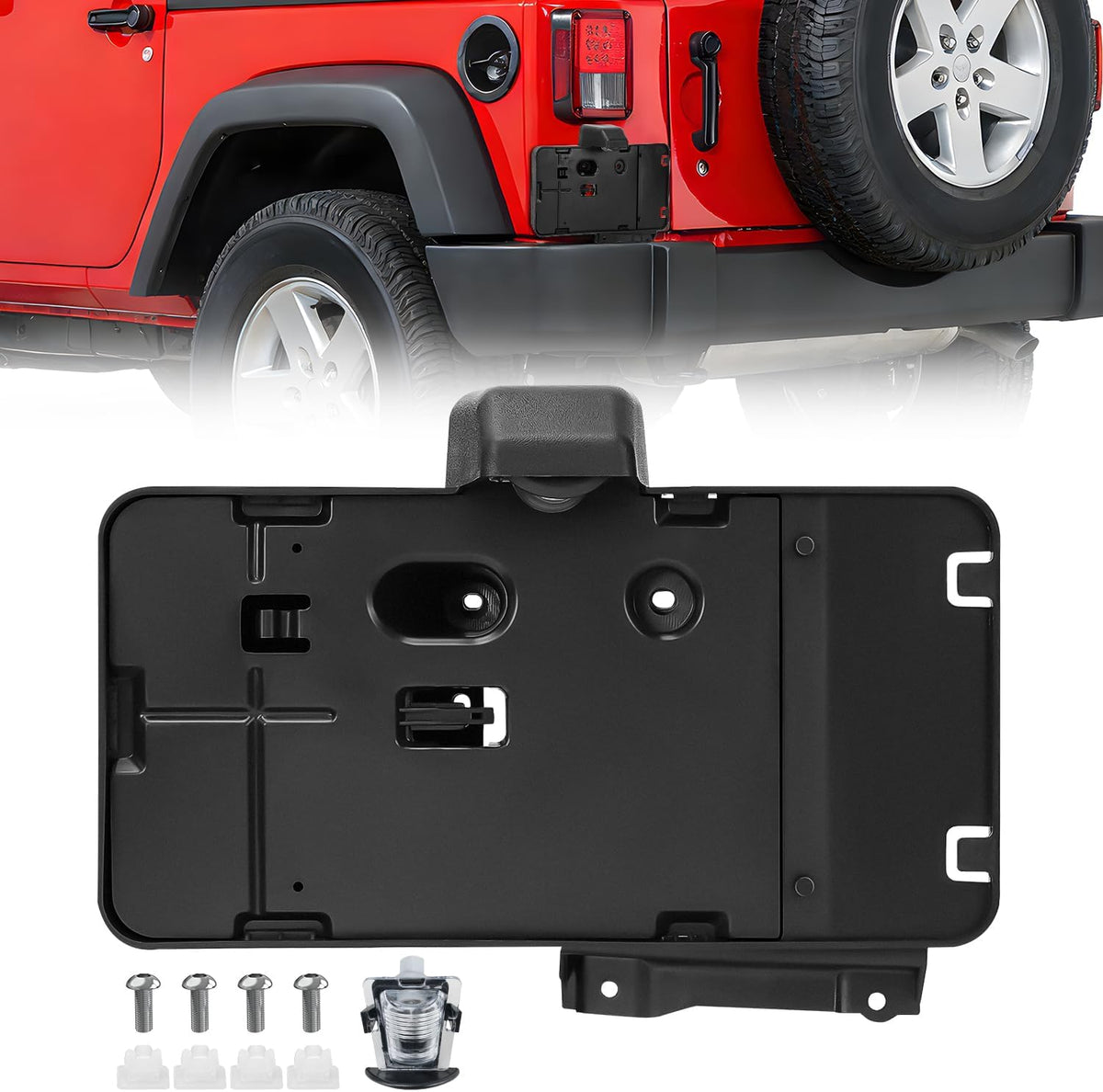 Rear License Plate Holder with Light for 2007-2018 Jeep Wrangler JK JKU Sahara Rubicon X Sport & Unlimited,Plastic License Plate Mounting Black