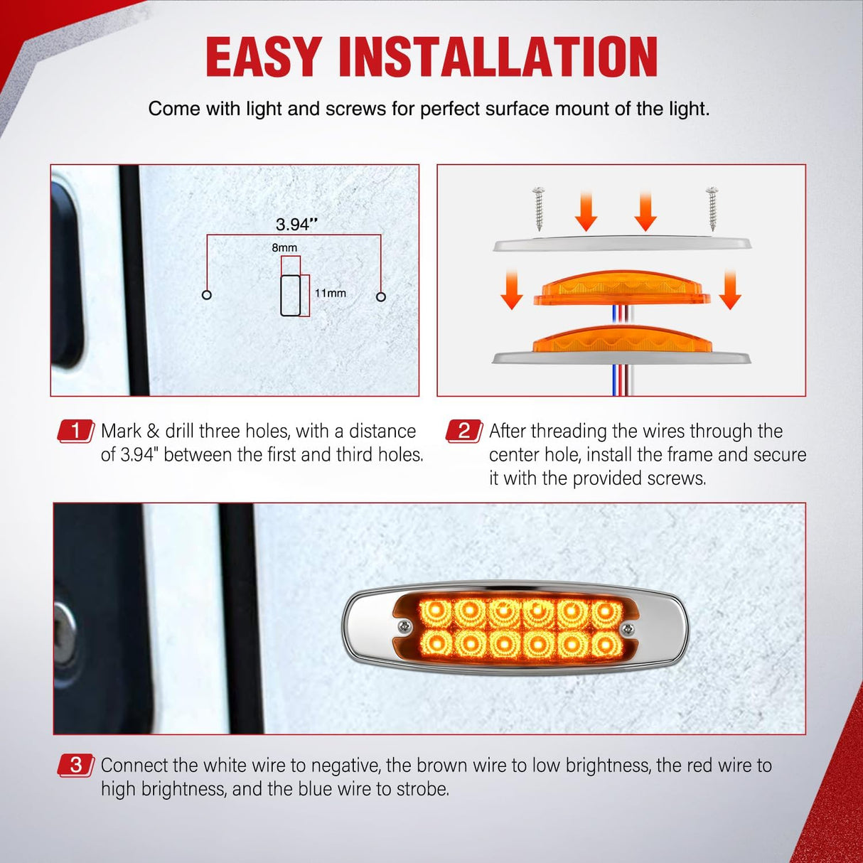 6.3 Inch Amber Rectangle Side Marker Light with High Low Strobe | 12 LED IP67 Waterproof Chrome Bezel 12V Surface Mount Marker & Clearance Light Fits Pickup Trucks Trailers RVs Boats,10 Pack