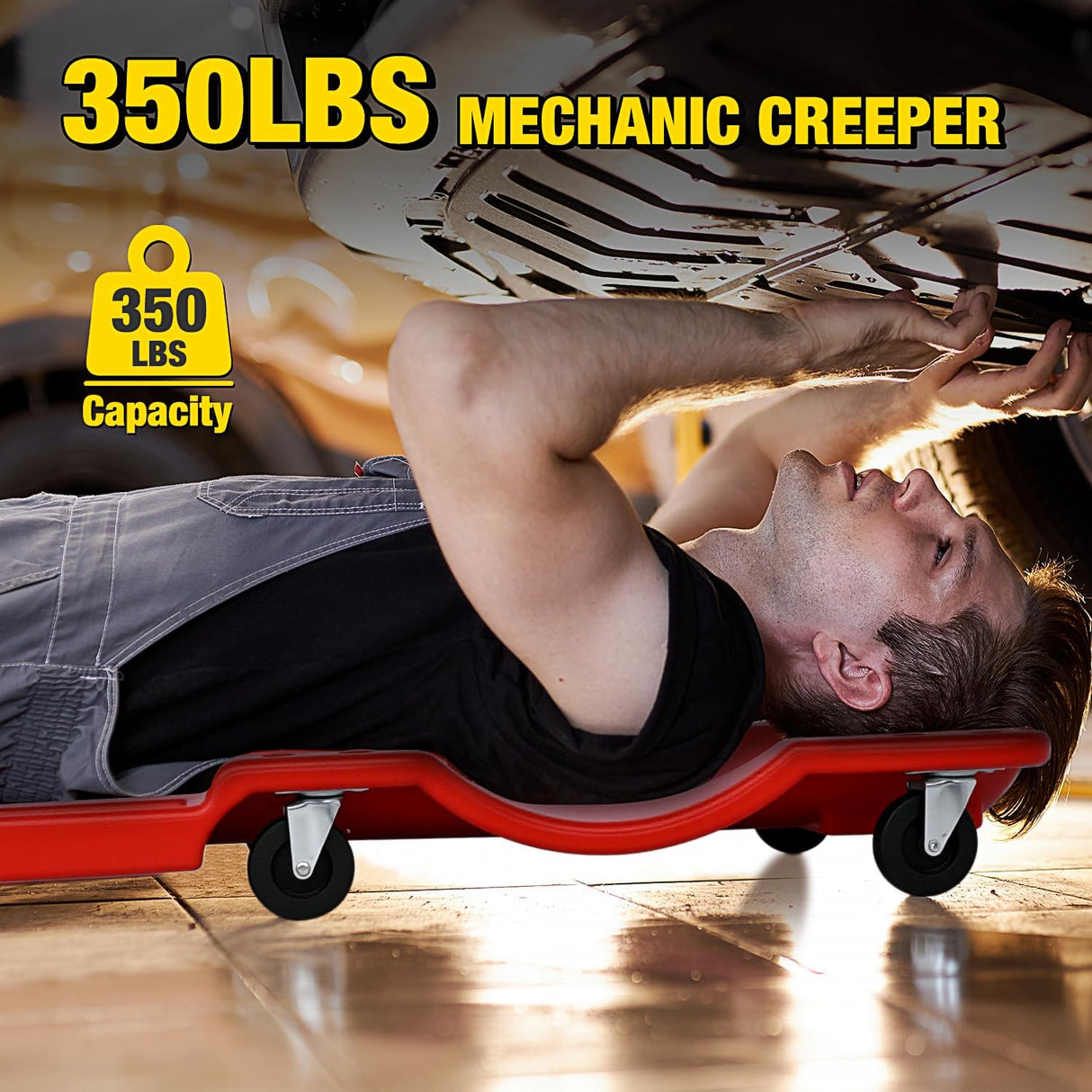 40 Inch Mechanic Plastic Creeper - 40 Inches Heavy Duty Shop Creeper with Padded Headrest and 6 Casters, 350 lbs Capacity, Red