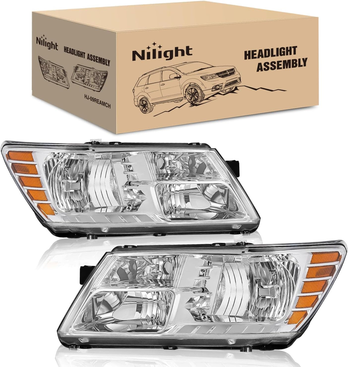 Headlight Assembly Compatible with 2009 2010 2011 2012 2013 2014 2015 2016 2017 2018 2019 2020 Dodge Journey Chrome Housing Amber Reflector Headlamp Passenger and Driver Side