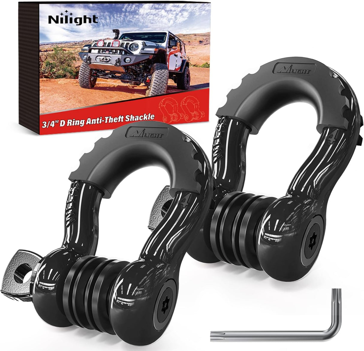 3/4 Inch D Ring Anti-Theft Shackle Tow Hook Jeep Truck SUV ATV UTV | Off Road Recovery Gear 19T 41,887 lbs Break Strength 4.75T WLL Rust-Resistant Anti-Rattle Isolators Heavy Duty Black 2pack