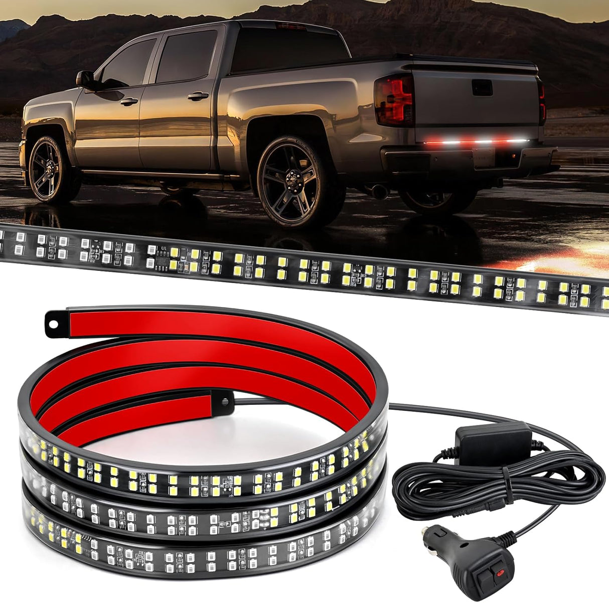 48 Inch Truck Tailgate Strobe Light Strip Tail Emergency Bar Rear Window Warning Lamp Ultra-Bright Double Row 288 LED for Pickup Trailers Construction Vehicles Car SUV, Red White