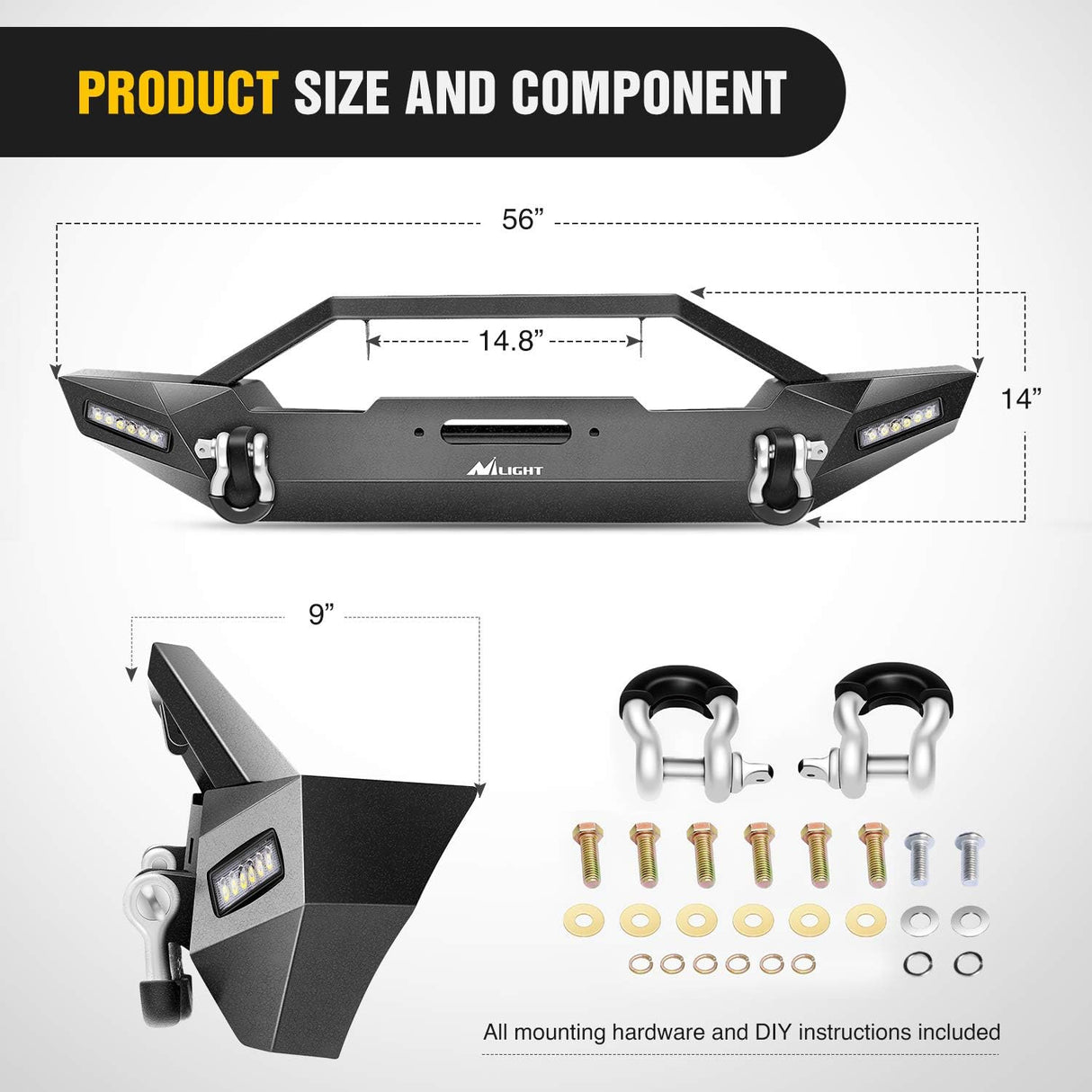 Front and Rear Bumper Compatible for 1987-2006 Wrangler TJ & YJ Rock Crawler Bumper with Hitch Receiver Winch Plate LED Lights D-Rings,Upgraded Textured Black