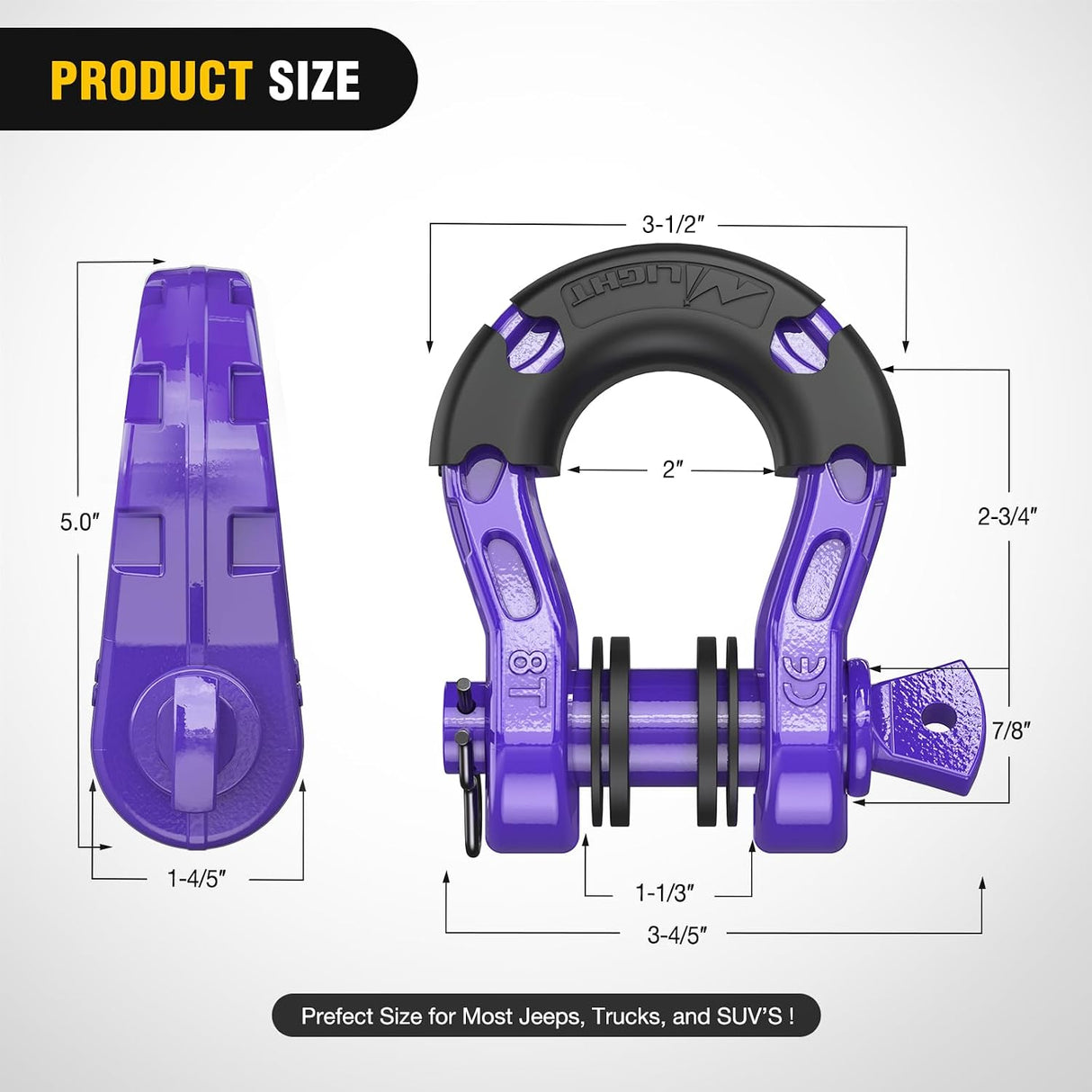 Mega D-Ring Shackles, 3/4 Inch Heavy Duty Recovery Tow Shackle | 7/8 Inch Screw Pin & isolator, 2Pcs Purple, 68,000 lbs Break Strength(17,000 lb WLL), Forged Steel, Off-Road Recovery