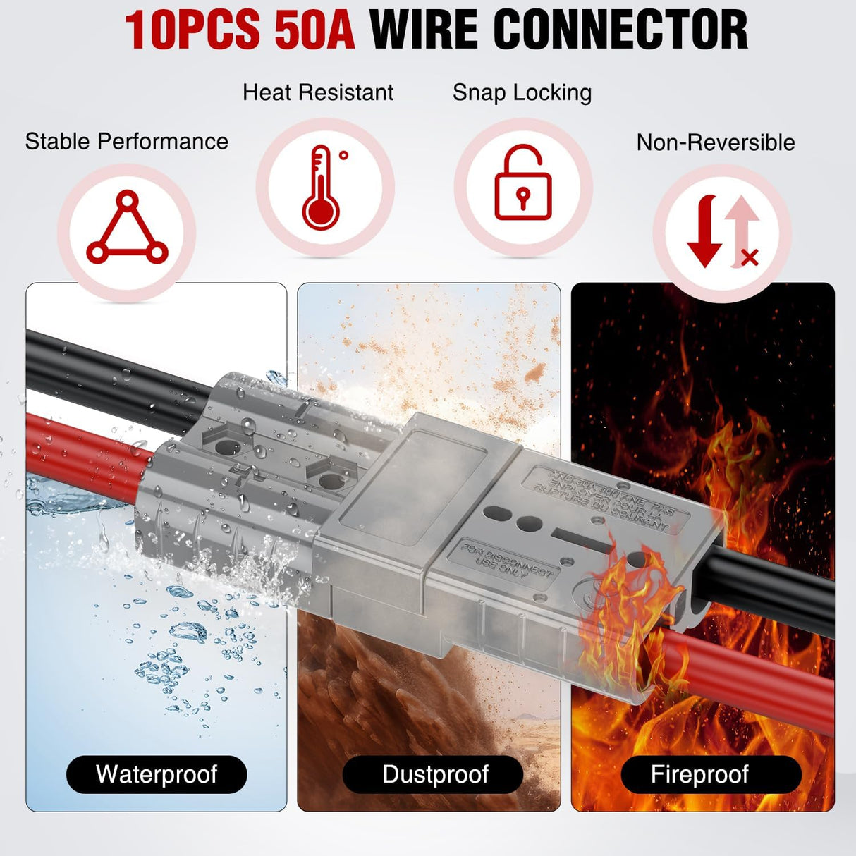 Anderson Connector 50AMP 6AWG Anderson Plug 12V-36V Battery Quick Connect/Disconnect Wire Harness Plugs Connectors Kit for 6 Gauge Cables Car Marine Trailer Towing Winch Motor, 10 Pack Grey