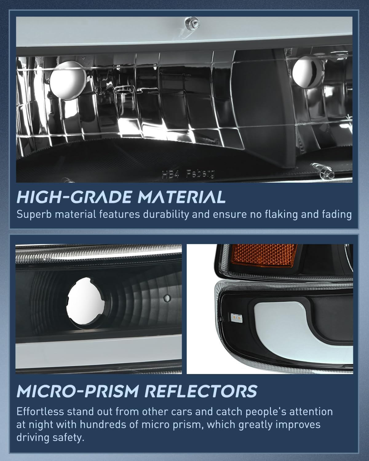 LED DRL Headlight Assembly for 1999 2000 2001 2002 Chevy Silverado 1500 1500HD 2500 2500HD 3500 Chevrolet Tahoe Suburban Replacement Headlamp Smoked Lens Black Housing Amber Bumper Lights Set