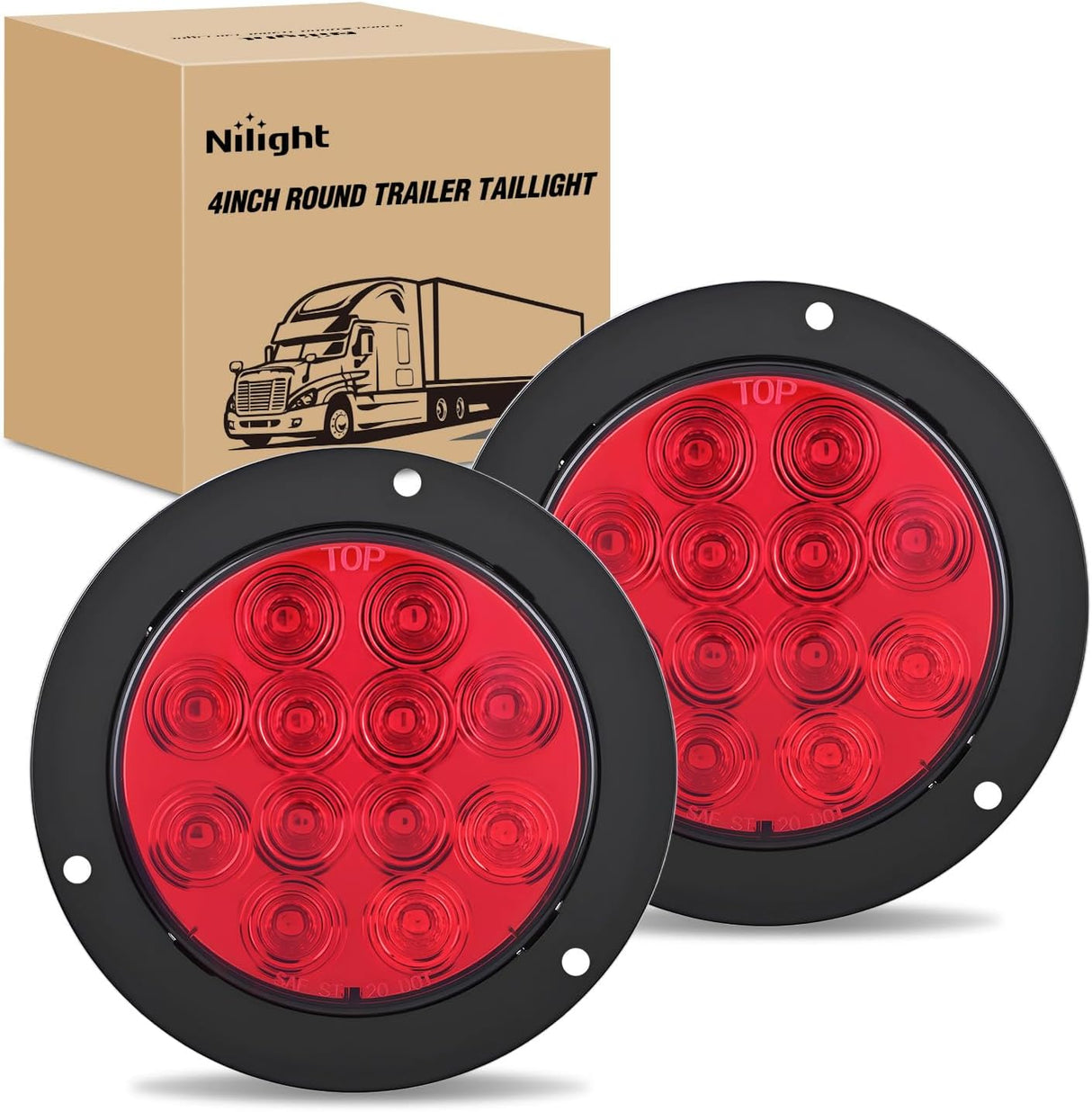Trailer Tail Lights 2PCS 4Inch Round 12LED Red Brake | IP67 Waterproof Screw Mount Marker Clearance Stop Brake Running Taillights for Trailer Truck Pickup Camper RV