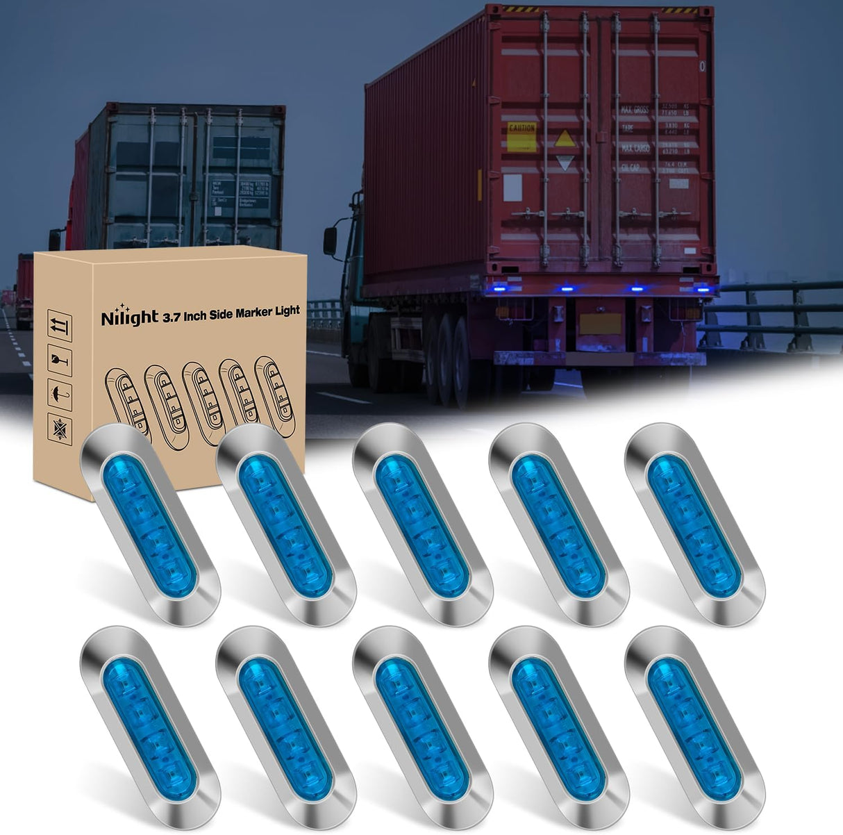10PCS Blue Oval Side Marker Lights 4 LED 3.7 Inch Clearance Lamp IP68 Waterproof DC 12-24V with Chrome Bezel Universal for Car Auto Truck Bus Trailer Boat Deck