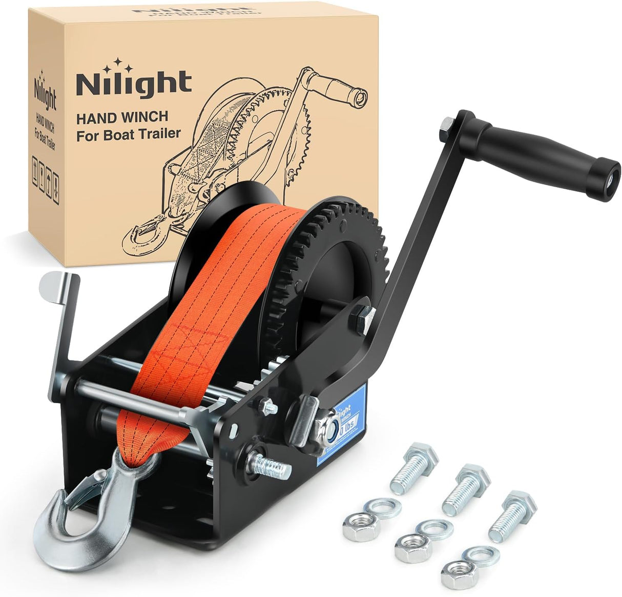 Boat Trailer Winch 3500 LBS Hand Crank Winch Heavy Duty Boat Winches with 33 FT Orange Strap Rope Hook Two Way Ratchet 4:1 8:1 Gear Portable Marine Manual Winch for Trailers Boat RV ATV Towing