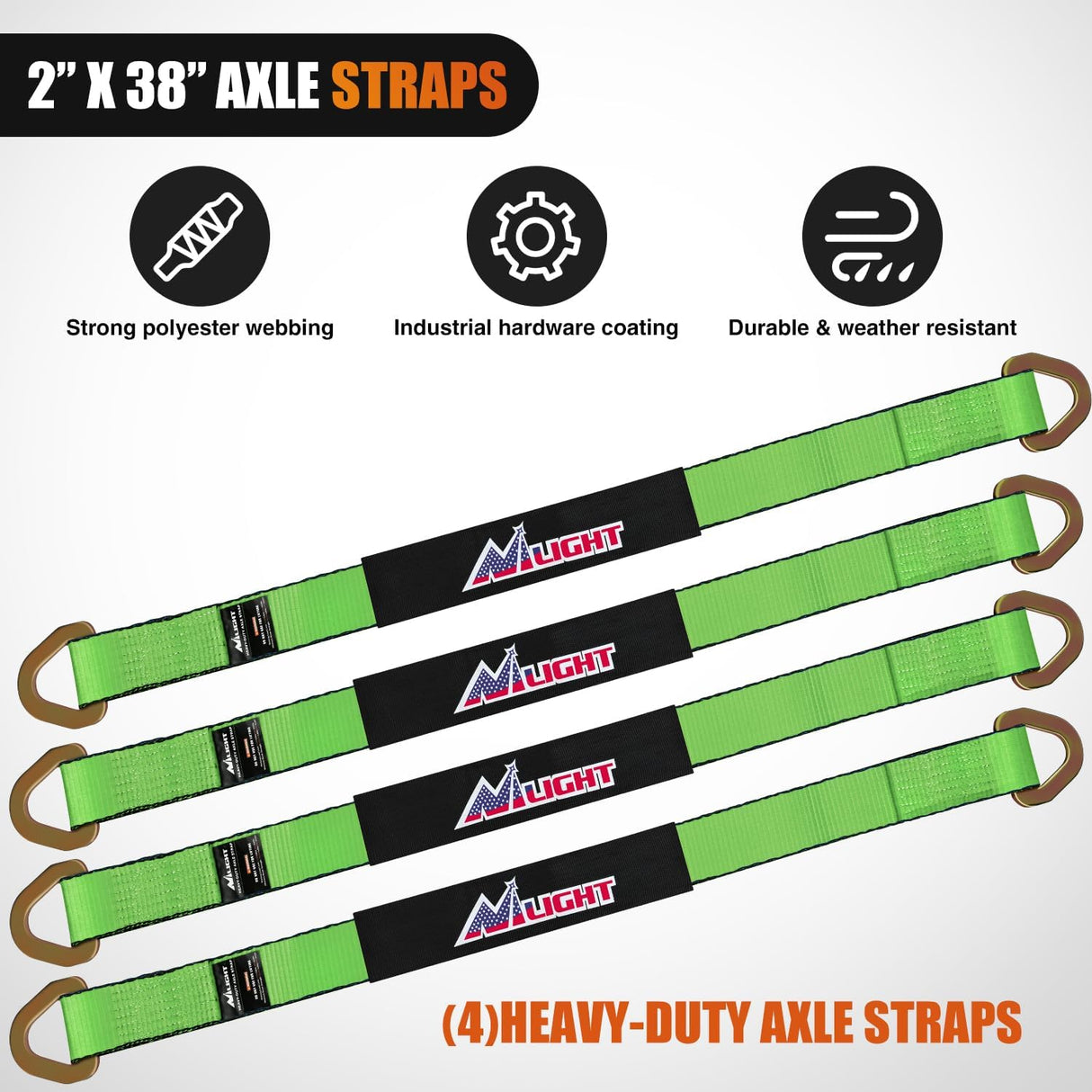 2 Inch x 38 Inch Axle Tie Down Straps with D-Rings & Protective Sleeves | 11,127 LBS Break Strength for Car Haulers Engine Hoists Trucks Trailers and UTVs 4 Pack Green