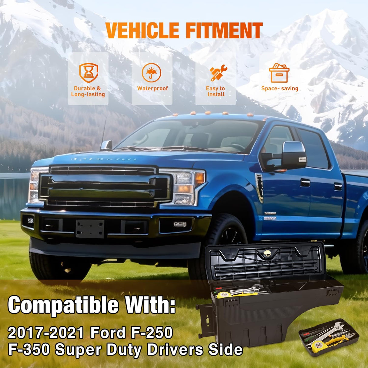 Truck Bed Tool Box Left Drivers Side Truck Tool Box Fit for Ford F-250/350 Super Duty 2017-2021 ABS Swing Case Truck Bed Storage Box with Lockable Lid Waterproof Wheel Well Toolbox Black