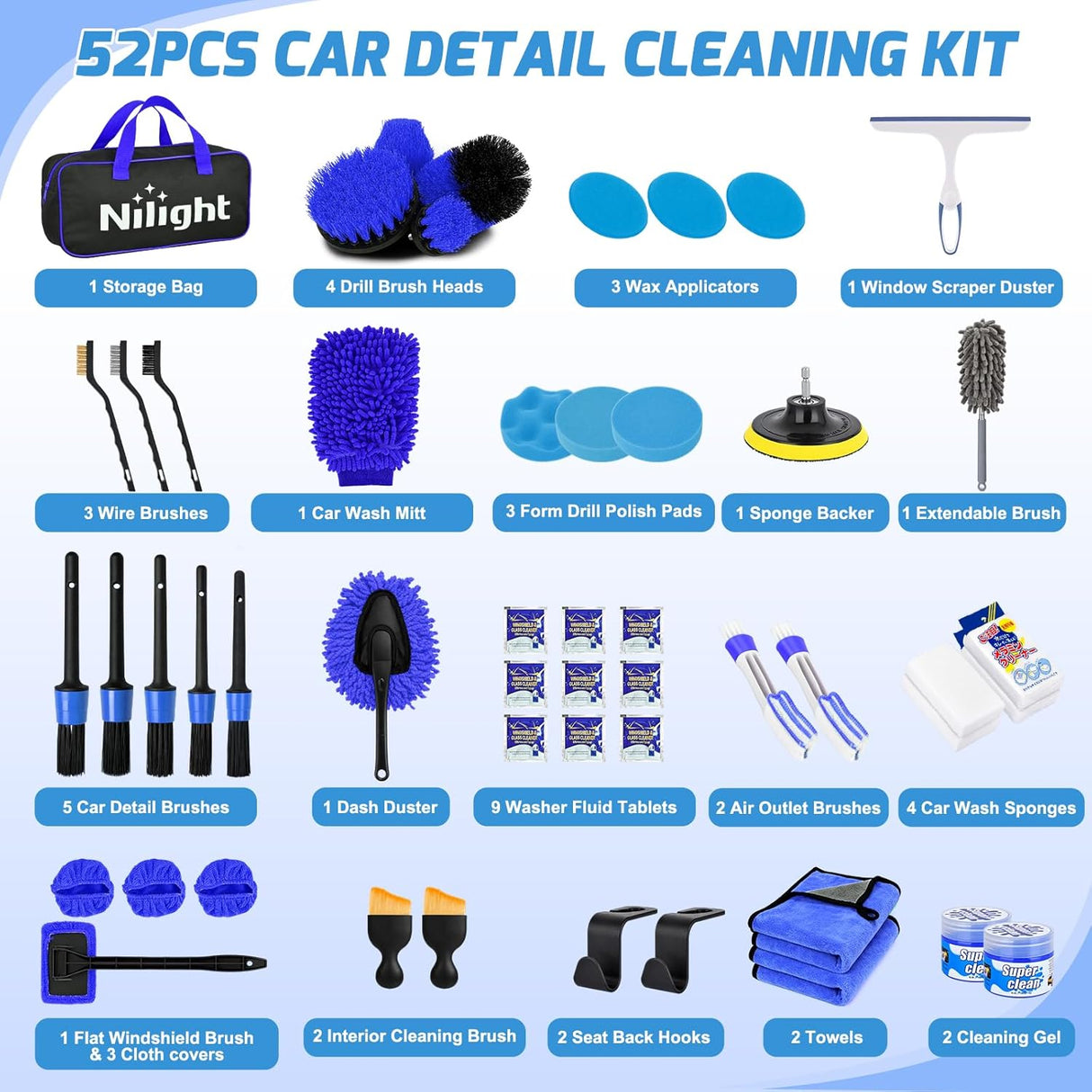 Automotive Tools 52PCS Car Detailing Kit Auto Cleaning Tools Wash Set with Storage Carry Bag Home Use for Interior Exterior Deep Clean Polish Car Care Windshield Dashboard Seat Air Vents Wheels Tires, Blue
