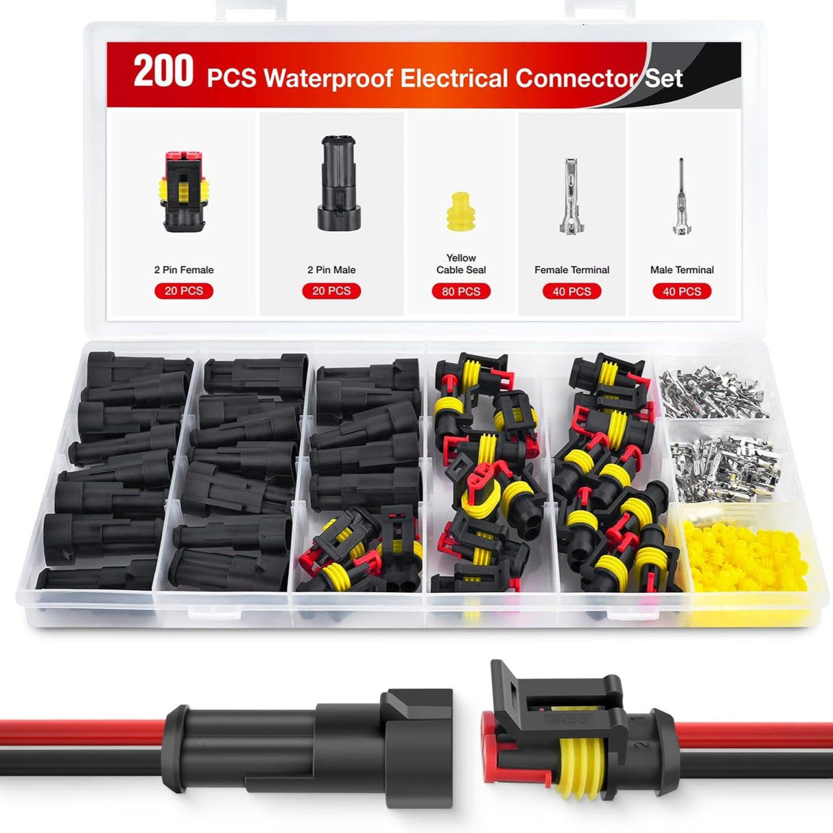 200PCS 2 Pin Electrical Connector Plug Male Female Terminal Wire Connector Nilight