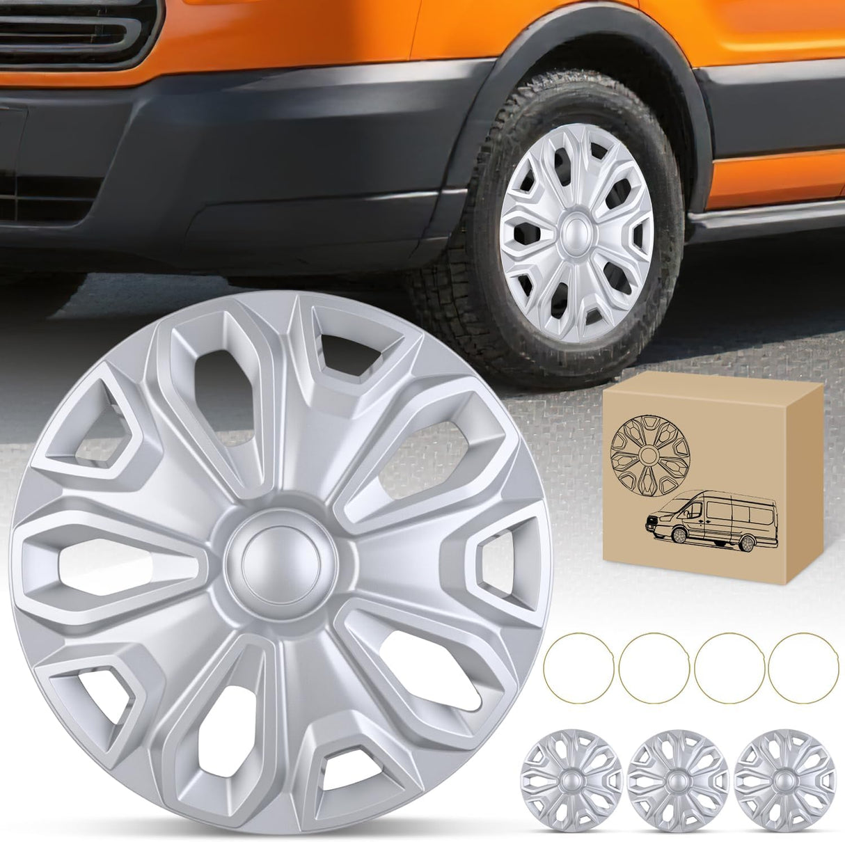 Wheel Cover Hubcaps 16 Inch for Ford Transit 150 250 350 350HD 2015 16 17 18 19 20 21 22 23 24 2025 Steel Wheel with 5 Lug 16 Hub Caps Set of 4 Rim Protector Wheel Covers Replacement, Silver