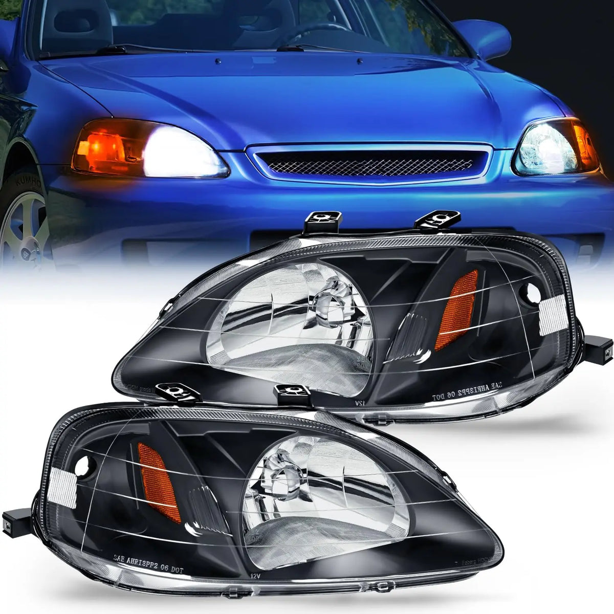 1999 2000 Honda Civic Headlight Assembly Black Case Amber Reflector Clear Lens