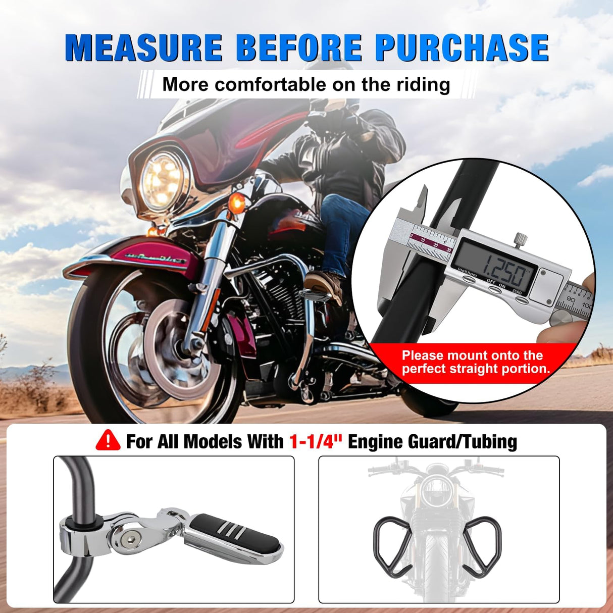 1.25 Inch Motorcycle Highway Pegs For Harley Davidson Touring Road King Street Glide Sportster Adjustable 360° Angled Foot Pegs P-Clamp Universal For 1-1/4 Inch Engine Guard Crash Bar Highway Footpegs