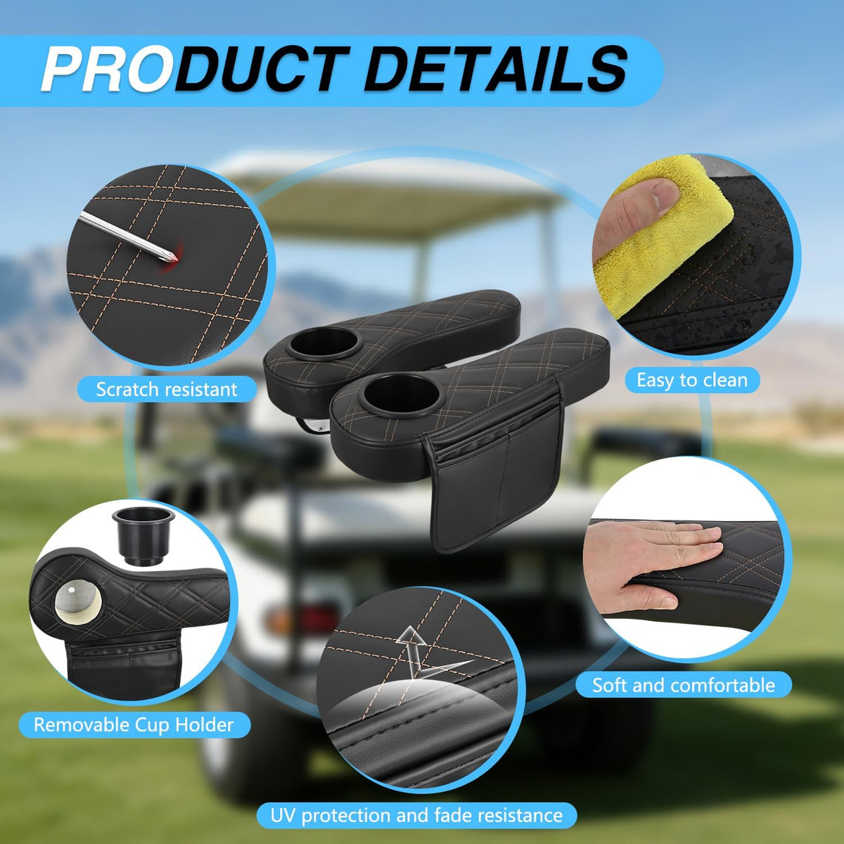Golf Cart Armrests 2PCS Black Diamond Flip Stand Storage | No Drilling Cup Holder Detachable PU Leather Armrest Fits 1 Inch Square Tubes for EZGO Club Car Yamaha Rear Seat