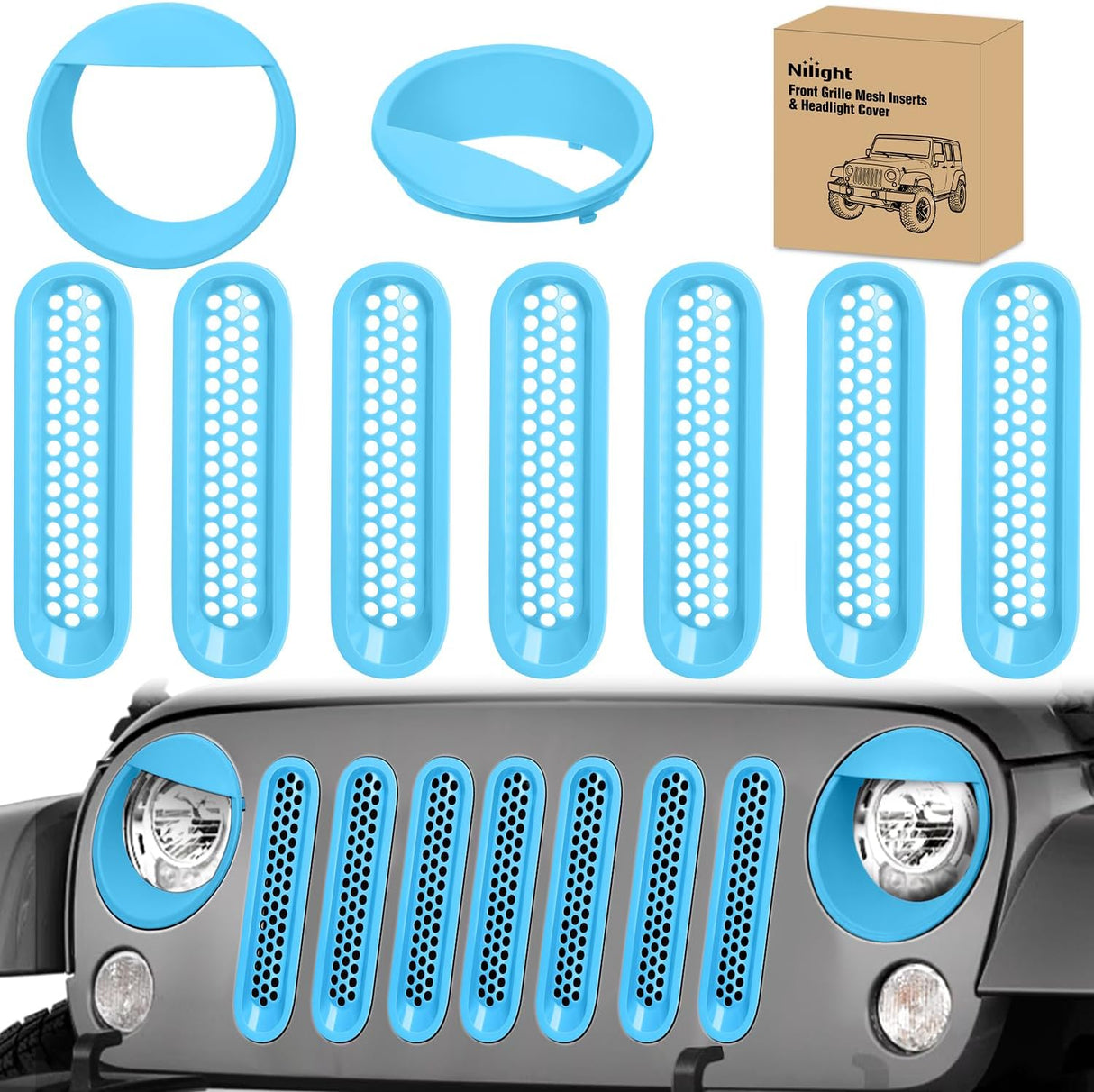 Grill Inserts fit for Jeep Wrangler Front Grille Mesh Inserts & Headlight Cover Set for JK JKU Unlimited Sports Sahara Freedom Rubicon 2007-2018 Clip-in Trim Exterior Accessories Blue 9 Pcs