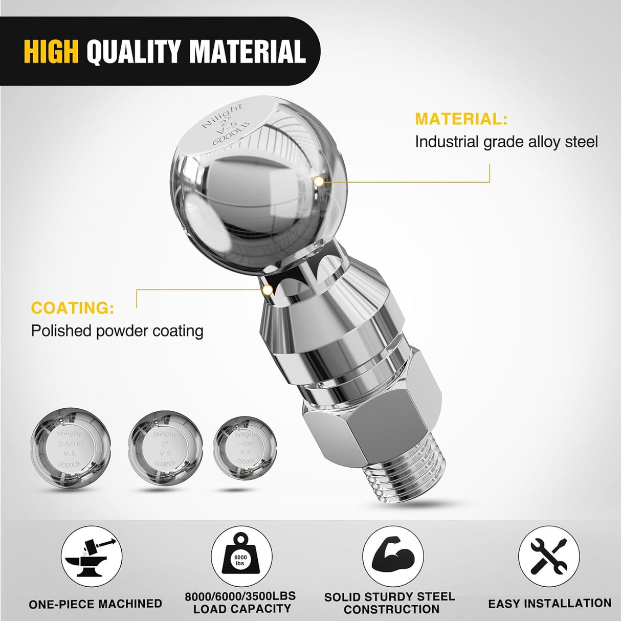 1-7/8 Inch, 2 Inch and 2-5/16 Inch Diameter Chrome Trailer Hitch Ball, Maximum Load Capacity Up to 8,000 lbs, 1- Inch Shank Universal Fit Gray