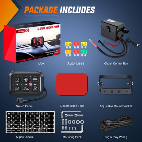 6Gang Multifunction Red Rocker Switch Panel System Nilight