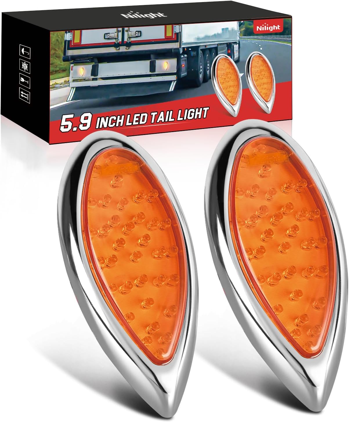 Trailer Tail Light 2PCS 5.9Inch Teardrop 35 LED Amber Chrome Bezel Marker Clearance Brake Turn Signal Running Taillight IP67 Waterproof for Trailer Truck Pickup Camper RV