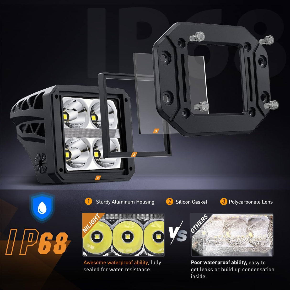 Flush Mount LED Pod Lights with Amber DRL 2PCS 4.8Inch Spot Beam 20W 2510LM Backup Reverse Offroad Driving Light w/ 16AWG Wiring kit for4x4 Truck SUV Jeep