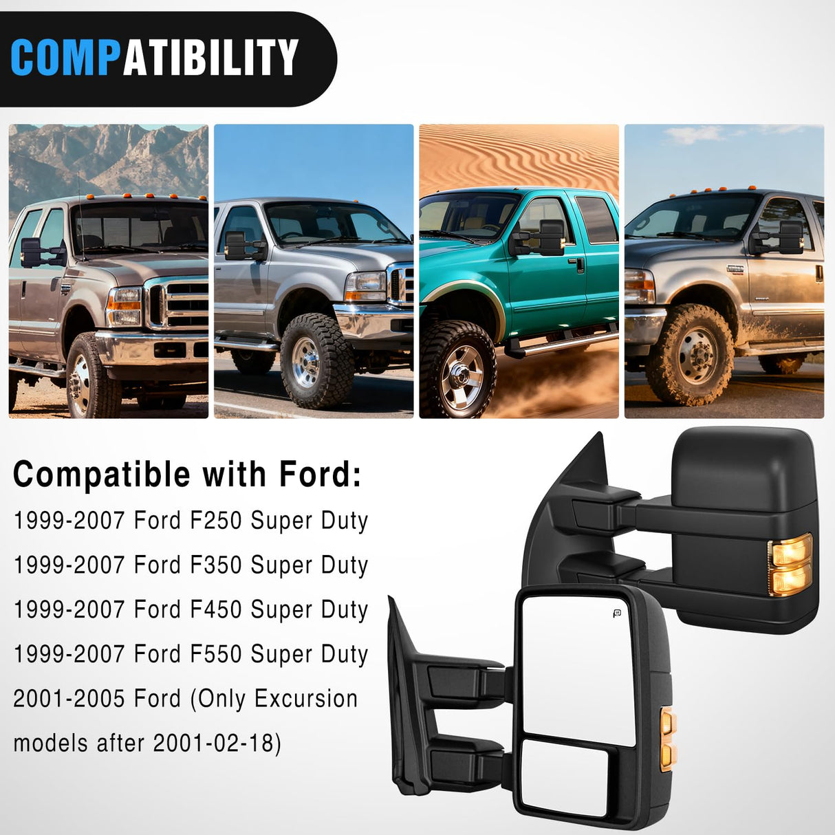 Towing Mirrors Turn Signal Puddle Lights Power Heated Adjustable Glass Manual Telescoping Folding Compatible With 1999-2007 Ford F250 F350 F450 F550 Super Duty