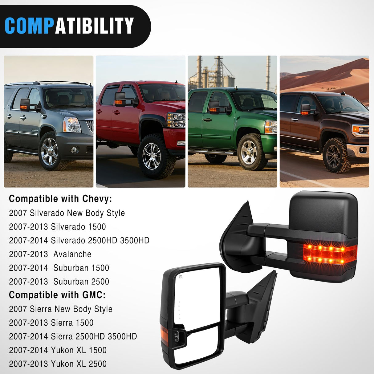 Towing Mirrors Turn Signal Reverse Puddle Lights Power Heated Adjustable Glass Manual Telescoping Folding Compatible With 2007-2014 Chevy Silverado GMC Sierra Yukon XL