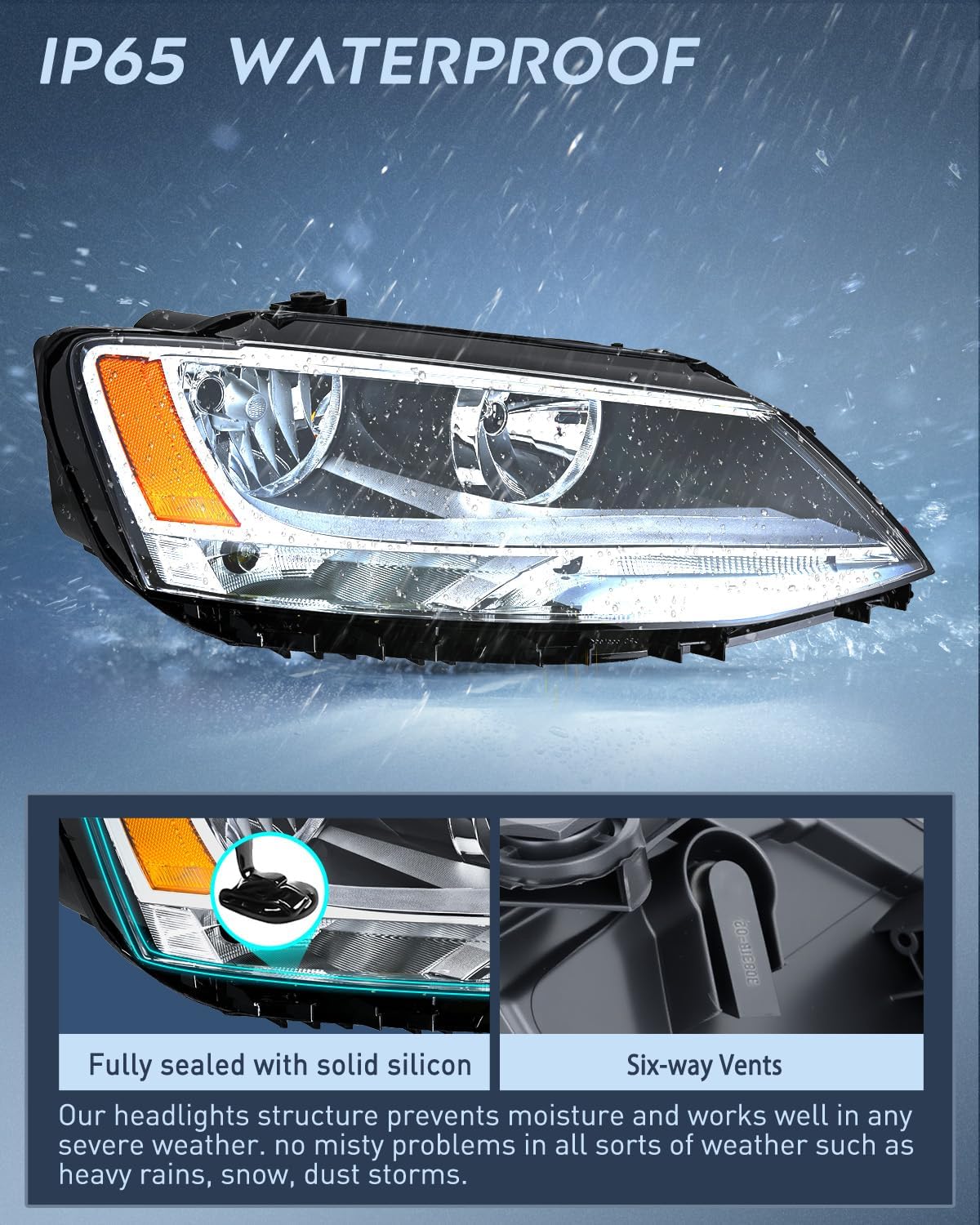 Headlight Assembly Compatible with 2011-2018 Volkswagen Jetta MK6 | 2011-2018 Volkswagen Jetta MK6 OE Style Replacement Chrome Housing Amber Reflector Halogen Headlamps