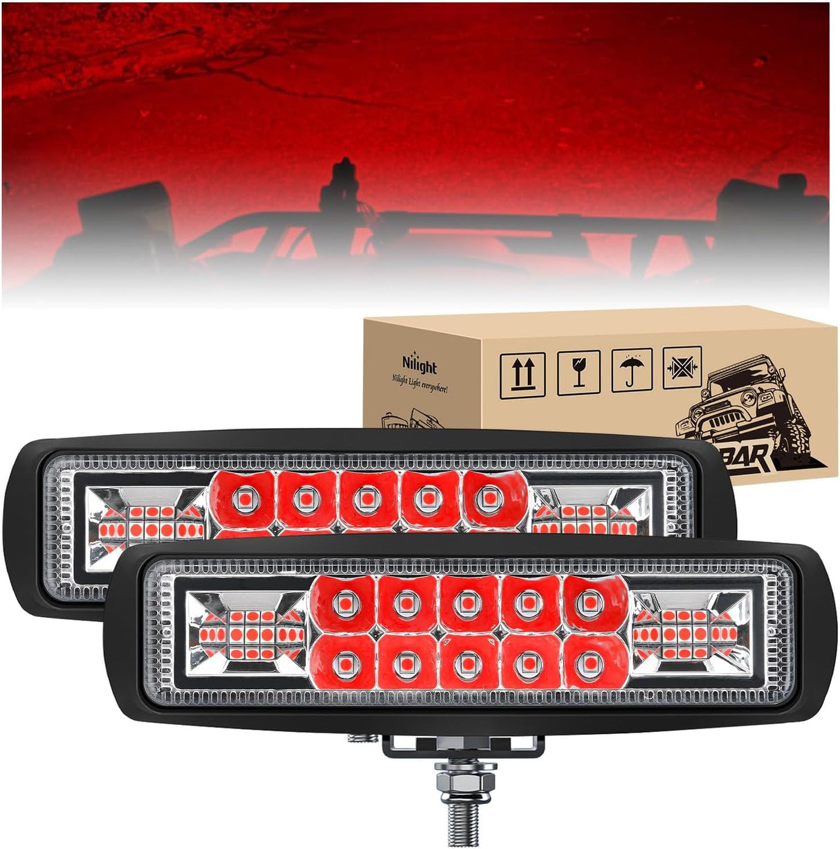 6 Inch Red LED Light Pods 2 PCS 60W Flood Spot Combo Beam Off Road Driving Fog Fishing Hunting Emergency Safety Signal Trailer Lighting for 12V 24V ATV UTV Pickup Truck Tractor Boat