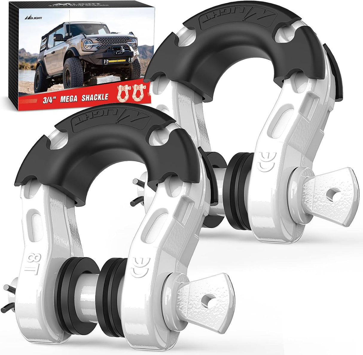Mega D-Ring Shackles, 3/4 Inch Heavy Duty Recovery Tow Shackle | 7/8 Inch Screw Pin, 2Pcs White, 68,000 lbs Break Strength(17,000 lb WLL), Forged Steel, Off-Road Recovery, Fits Tow Strap Winch