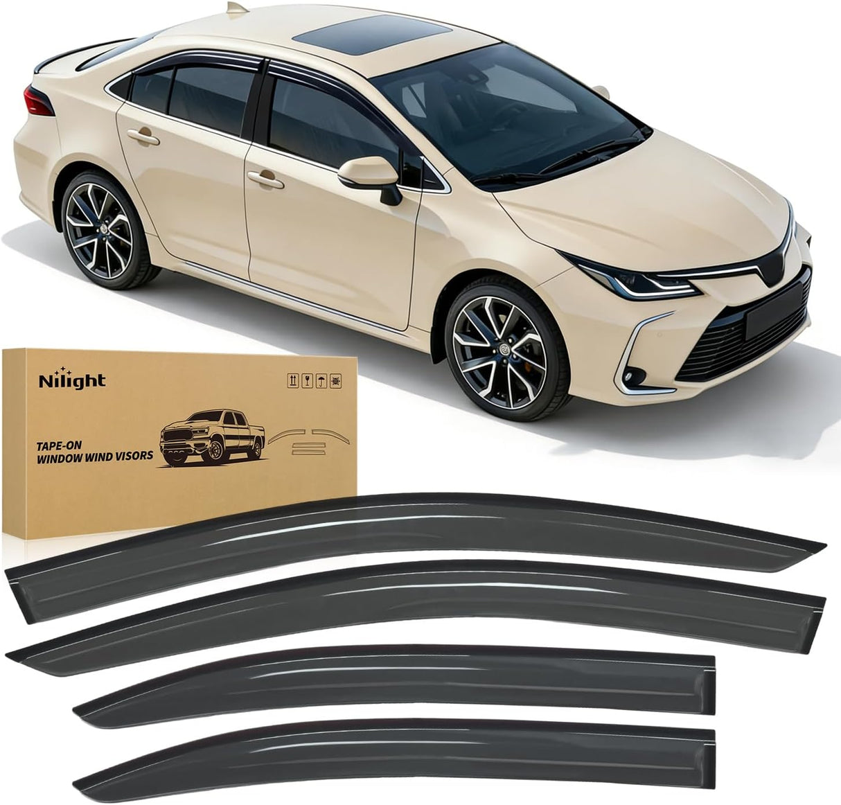 Tape-On Window Visors for Toyota Corolla Sedan 2019-2025 | Outside Mount Rain Guards Vent Visors Window Deflectors, Fresh Air Ventilation Rain & Sun Protection Smoke Tint, 4PCS