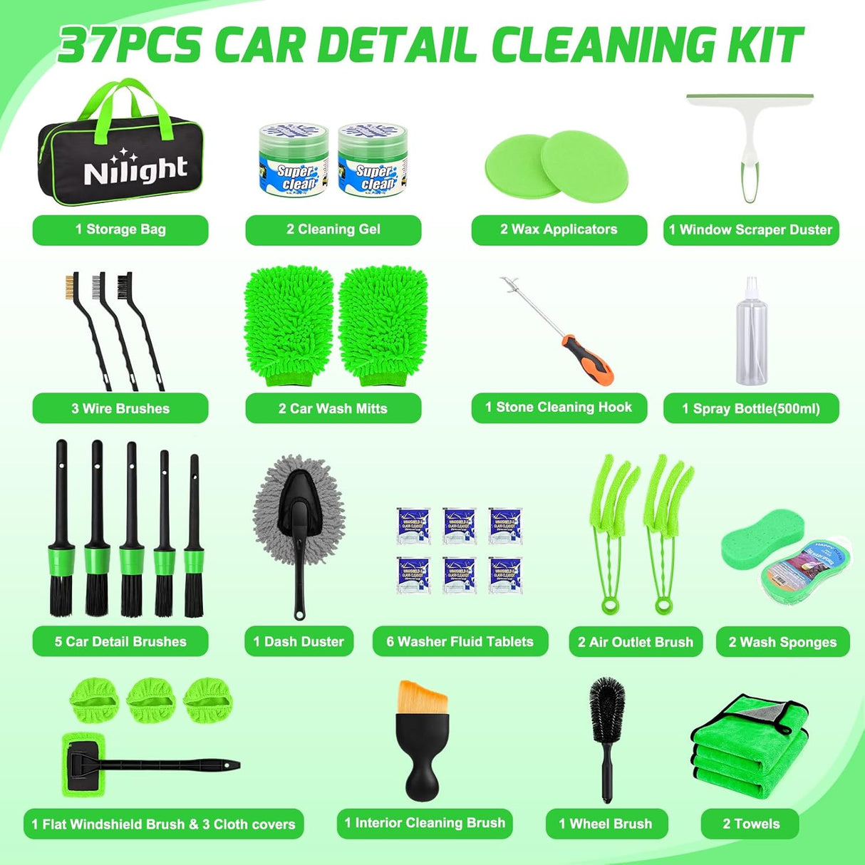Automotive Tools 37PCS Car Detailing Kit Auto Cleaning Tools Wash Set with Storage Carry Bag Home Use for Interior Exterior Deep Clean Car Care Windshield Dashboard Seat Air Vents Wheels Tires, Green