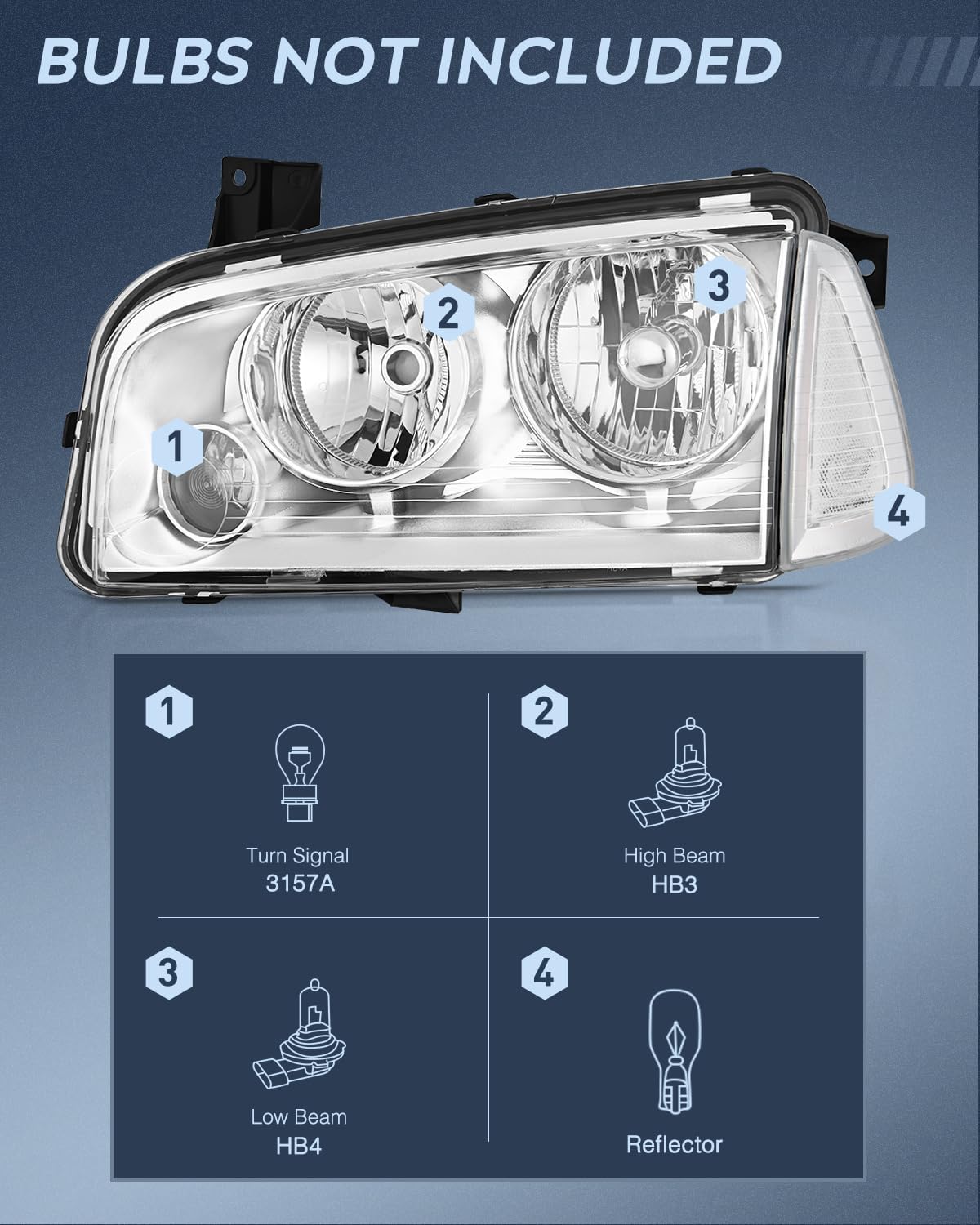 Headlight Assembly Compatible with 2006 2007 2008 2009 2010 Dodge Charger Chrome Housing Clear Reflector Lens Headlights Replacement Bumper Lamp Set Driver and Passenger Side