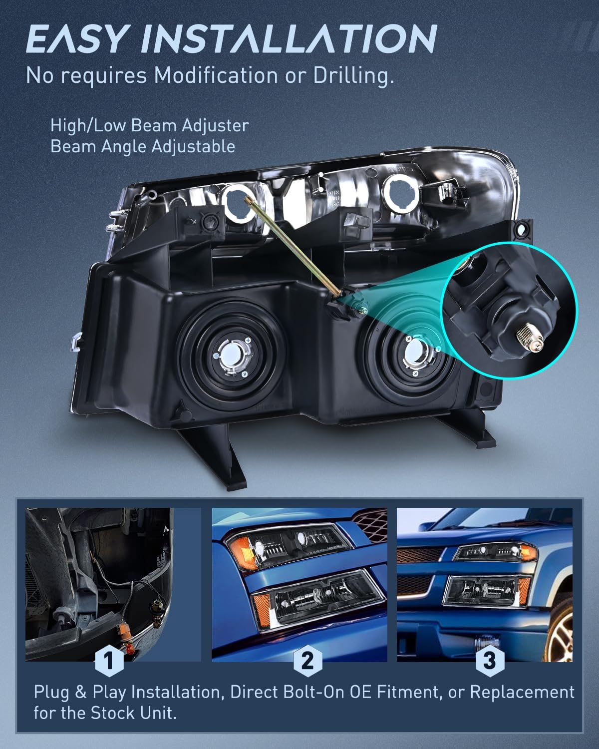 Headlight Assembly 2004 2005 2006 2007 2008 2009 2010 2011 2012 Chevy Colorado GMC Canyon Headlight and Taillight Assembly Combo OE Style Black Housing Amber Reflector with Red Tail Light