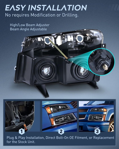 Headlight Assembly 2004 2005 2006 2007 2008 2009 2010 2011 2012 Chevy Colorado GMC Canyon Headlight and Taillight Assembly Combo OE Style Black Housing Amber Reflector with Red Tail Light