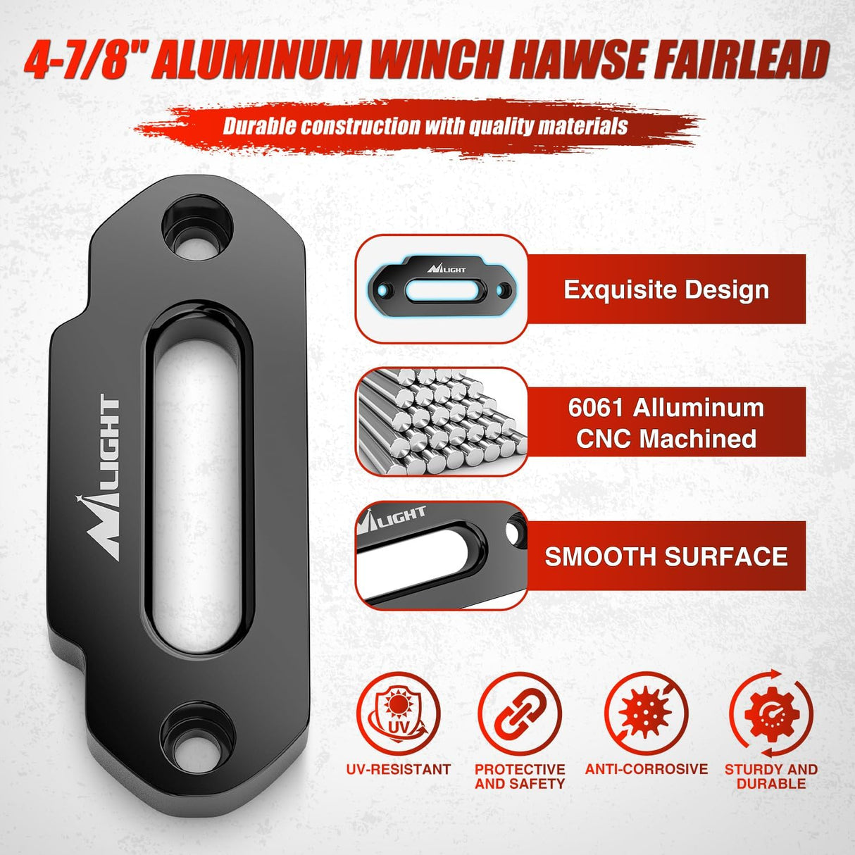 Winch Fairlead Aluminum Hawse Fairlead 4-7/8 Inch (124mm) Hole Spacing with Mounting Hardware Winch Hawse Fairlead for Synthetic Rope 2000-3500 LBS UTV ATV Winch Accessory Anodized Black